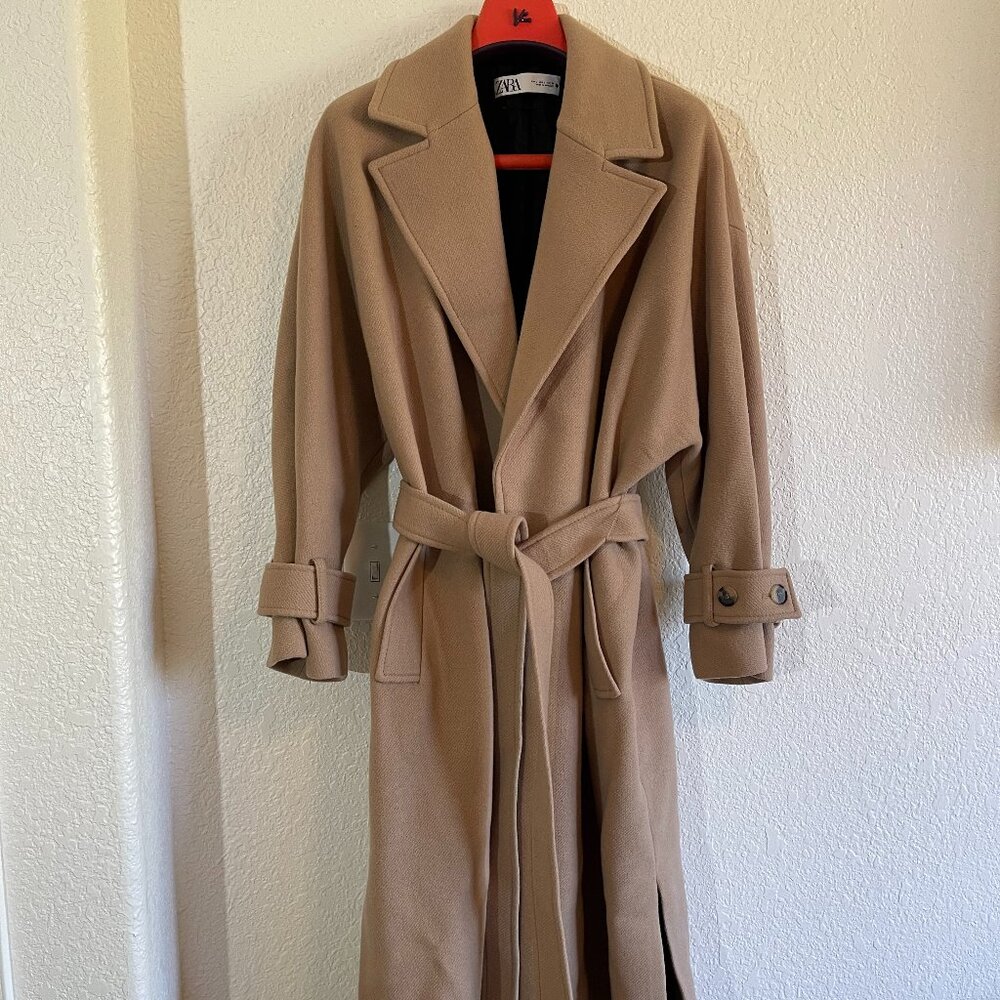 Zara Soft, Camel Coat with Lapel Collar and Belt - Size L